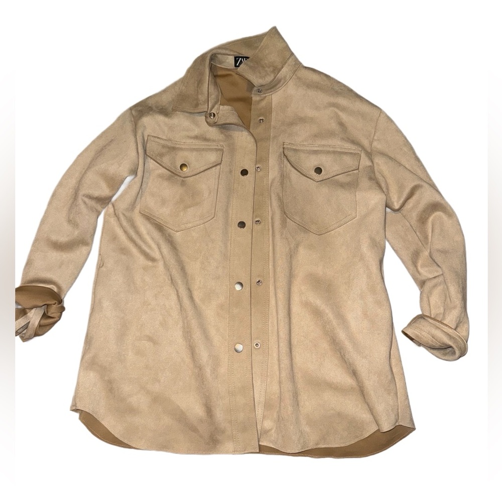 Zara Tan Suede-Look Button Shirt Jacket